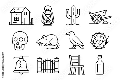 Old west icons set: silhouette pictograms including skull, lantern, and cactus
