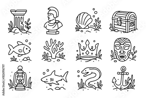 Linear underwater adventure icons featuring ancient artifacts and marine life