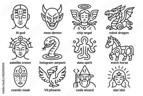 Futuristic mythology icons: ai, fantasy creatures, and celestial figures in modern lines