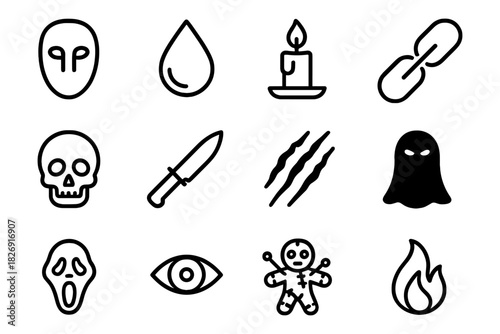 Spooky halloween icons set: mask, ghost, skull, knife, candle, and more in bold linear style