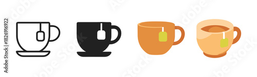 Tea cup designs in minimalist, silhouette, and flat styles with tea bag tags