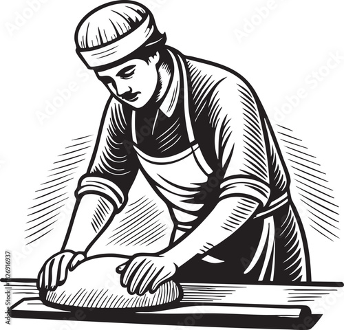 Classic baker in apron and toque kneading fresh dough for bread or pastries on a board, vintage monochrome illustration style.