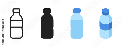 Set of water bottle icons in linear, silhouette, flat, and colorful styles