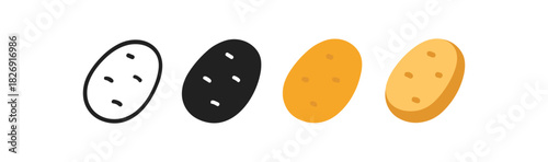 Diverse potato designs in four styles: outline, solid, flat, and 3d