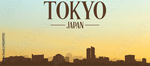 Panoramic poster of the city skyline with misty background buildings, hills sunrise, sunset and clouds of TOKYO, JAPAN