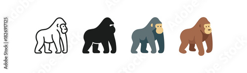 Stylized gorilla evolution: outline to full color designs