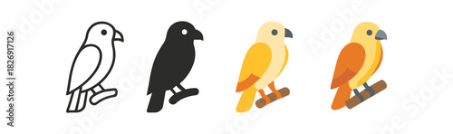 Evolution of a bird design: line art to colorful flat style icons