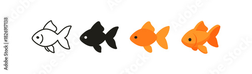 Goldfish design variations: outline, silhouette, and colorful 3d styles