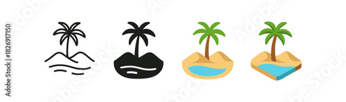 Palm tree island: line to isometric transformation in four styles