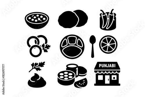Punjabi cuisine icons: traditional dishes in black silhouette style
