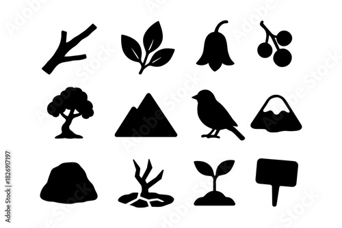 Nature silhouette icons set featuring plants, animals, and landscapes in black