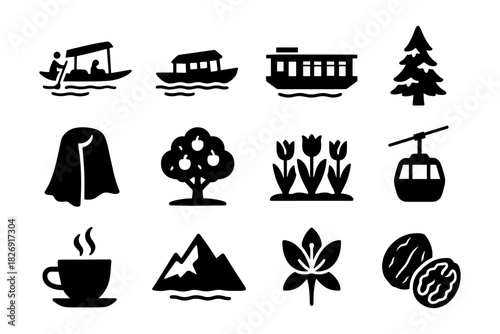 Silhouette icons: boats, nature, and travel elements for creative design