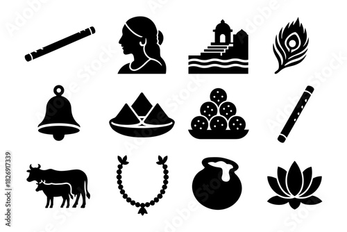 Indian culture icons: silhouette symbol collection featuring religious and traditional elements