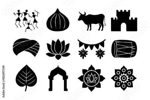 Traditional indian icon set: culture, nature, and heritage symbols in black silhouettes