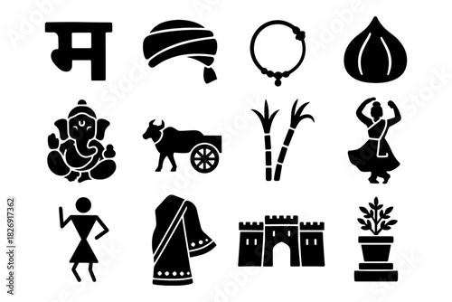 Traditional indian silhouettes collection with cultural symbols and icons