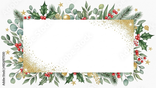 Watercolor Christmas Floral Frame with Holly Leaves, Eucalyptus, Red Berries, Pine Branches and Gold Glitter Border