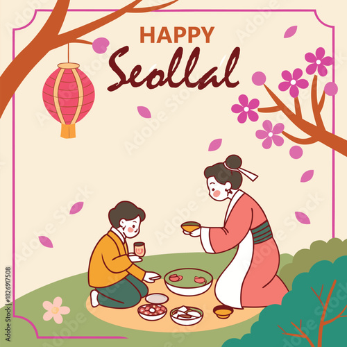 Happy Seollal Korea new year modern style. flat vector illustration.