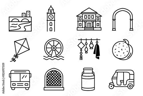 Linear icons of indian architecture and culture elements in black and white