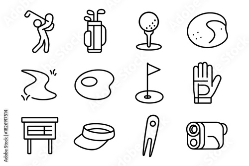 Golf equipment and icons in simple linear style for sports enthusiasts