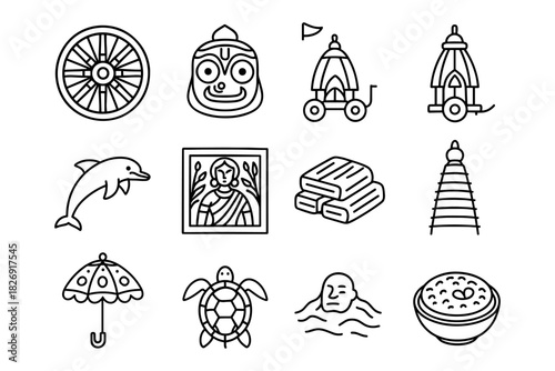 Puri festival icons: traditional indian outline set featuring cultural symbols and landmarks