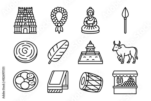 Traditional indian culture icons set: temple, nandi, bharatanatyam, festival, cuisine