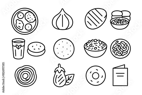 Simple black line icons of popular foods with clean minimalist style