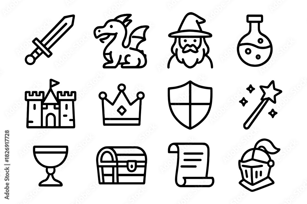 Obraz premium Fantasy adventure icons: sword, dragon, wizard, potion, castle, crown, and more