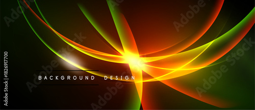Abstract design features vibrant light streaks radiating from central point. Colors blend, creating dynamic visual effect. Background is black.
