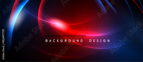 Abstract design features vibrant red, blue gradients. Concentric curves create dynamic visual effect. Text reads background design. Dark backdrop enhances luminosity.