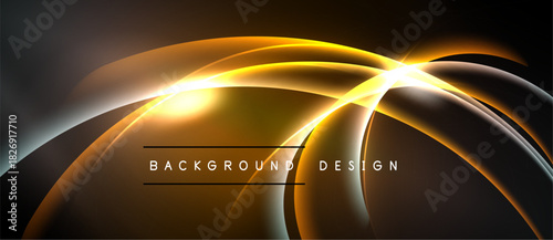 Abstract golden lines form dynamic curves. Bright center radiates light against dark backdrop. Modern design element.