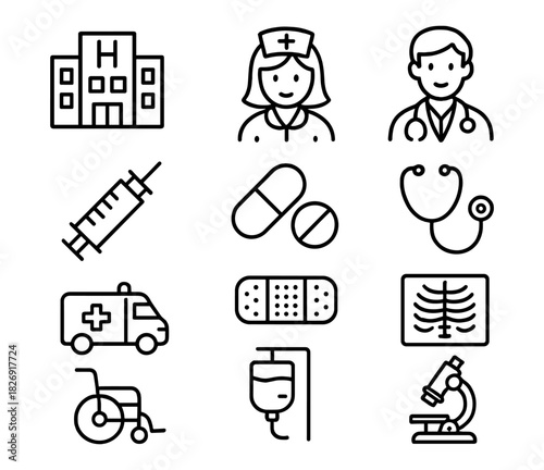 Healthcare icons set: linear medical symbols including hospital, nurse, doctor, and equipment