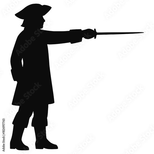 Pirate silhouette with sword pointing forward in tricorne hat action character