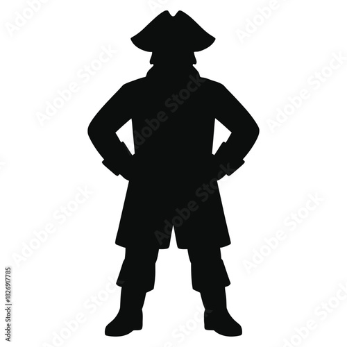 Pirate captain silhouette standing hands on hips in tricorne hat character icon