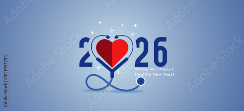 Wishing you a happy and healthy new year 2026 banner template with stethoscope, red heart, and with simple typography for hospital, doctors, nurses, clinics. vector illustration wellness, healthcare