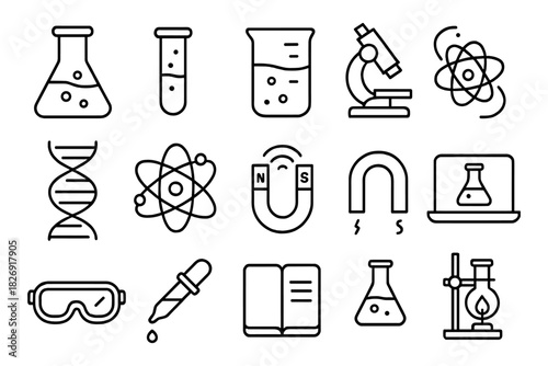 Science icons collection featuring laboratory equipment and symbols in linear style