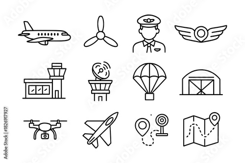 Aviation icons set: airplane, pilot, control tower, drone, parachute, map