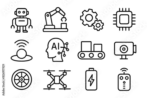 Linear icons of robotics and technology featuring ai, automation, and machine elements