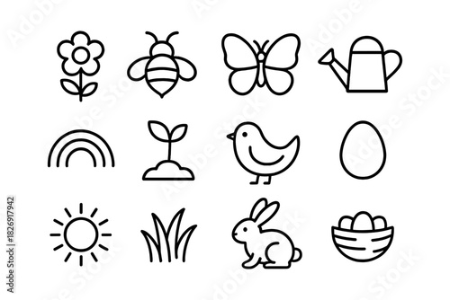 Garden line art icons: nature and spring elements in minimalist design