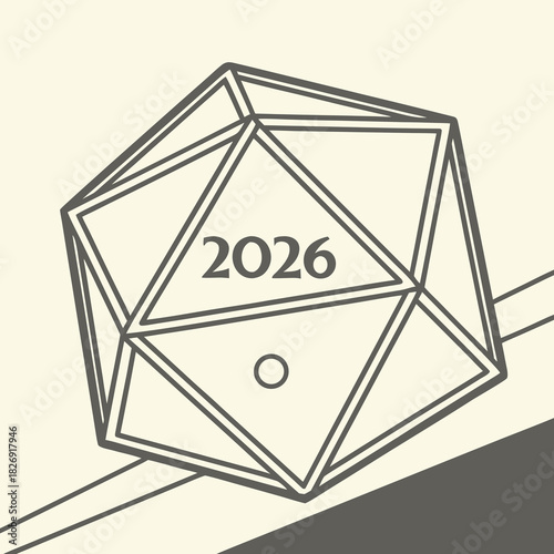 Outline of an icosahedron die showing the number 2026 for the year