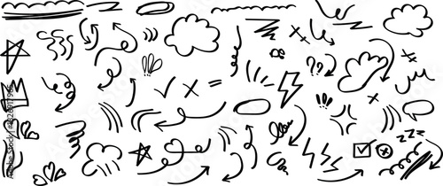 Hand drawn doodle elements in vector format with colorful and grayscale options for creative design