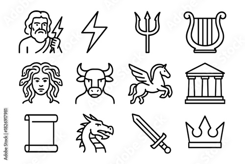 Ancient greek mythology icons collection in linear style