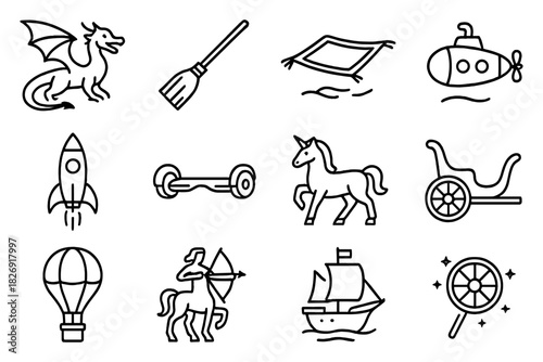 Children's fantasy icons: unicorns, dragons, magic in simple black outline style