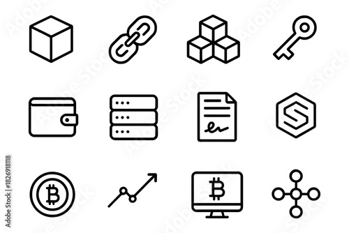 Minimalist icons representing blockchain technology and cryptocurrency themes