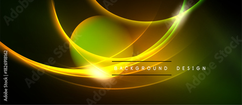 Abstract design features vibrant yellow, green curves. Dark background creates dramatic contrast, modern aesthetic. Light radiates from center.
