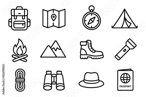 Essential line art icons for outdoor adventure and camping gear
