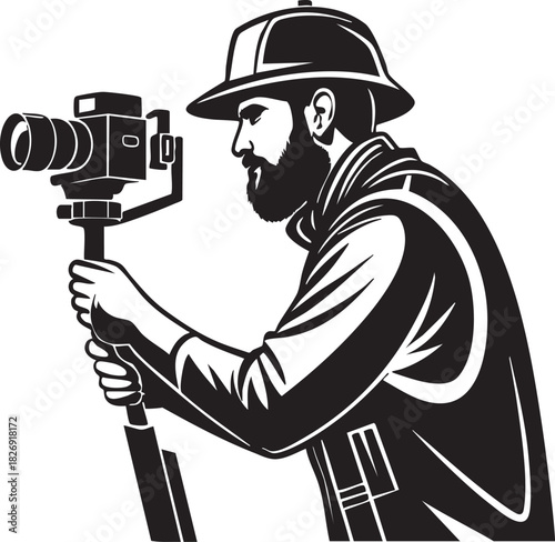 Bearded man with hat holding video camera on gimbal stabilizer, dynamic videography equipment, isolated professional filmmaker illustration.