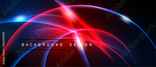 Abstract design features vibrant blue, red curves against dark backdrop. Modern aesthetic, dynamic lines create flowing visual impact.