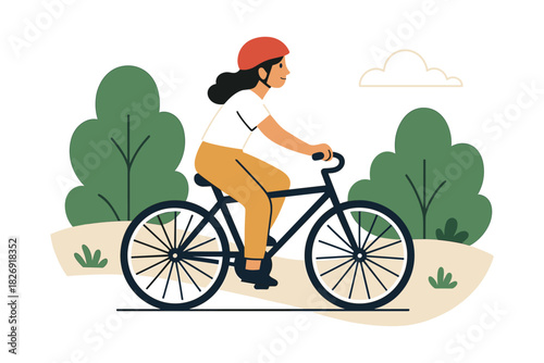 Woman riding bicycle in park with greenery and blue sky background in flat style