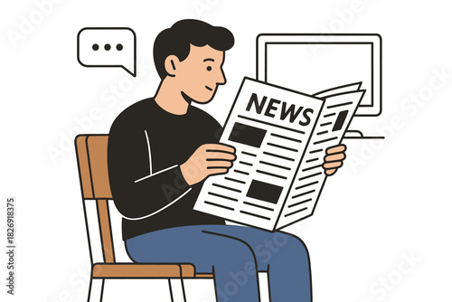 Person reading newspaper in cozy room with modern computer setup