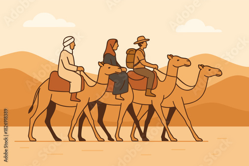 Desert journey with camels and travelers in flat design